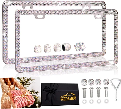 Miniatura 11 de WEDAMER Paquete de 2 marcos de matrícula negros para mujer, marco de matrícula con diamantes de imitación brillantes con purpurina deslumbrante