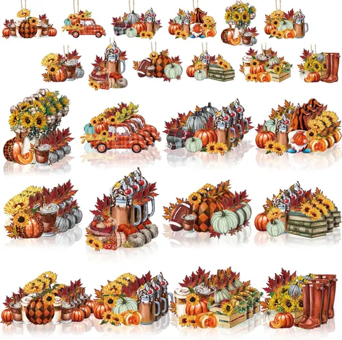 Miniatura 9 de FairySandy 36 piezas de decoración y adornos de árbol de otoño, gnomos de Acción de Gracias, adornos colgantes de madera, calabazas, hojas, flores