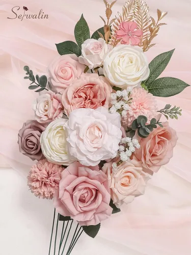 Miniatura 3 de Serwalin Flores artificiales, decoración de boda rosa, flores rosas, decoración de pasteles, flores falsas, flores de seda, ramos de novia, centros