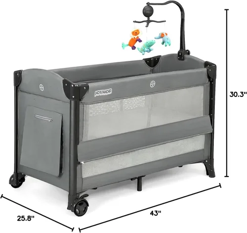 Miniatura 10 de JOYMOR Cuna para bebé, empacar y jugar con moisés y bolsa de transporte, se convierte en cama de noche con ruedas para niños y niñas (gris)