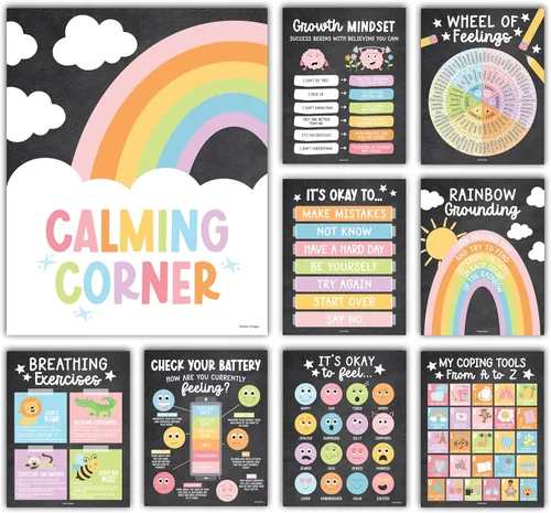Miniatura 13 de Hadley Designs 9 carteles de esquina relajantes para el aula, suministros de esquina tranquila con tabla de emociones, póster de consejero escolar