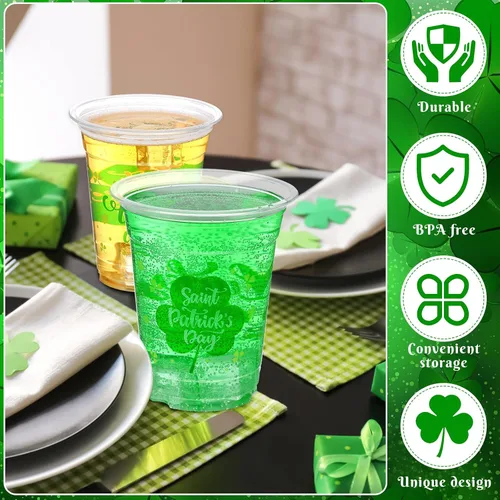 Miniatura 3 de Aoriher 100 tazas de trébol del día de San Patricio de 12 onzas desechables de plástico para feliz día de San Patricio, tazas verdes transparentes