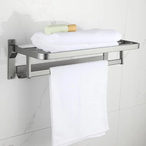Miniatura 3 de ICOBES Toallero de barra de toalla sin perforación, toallero montado en la pared con gancho adhesivo plegable espacio de aluminio para baño