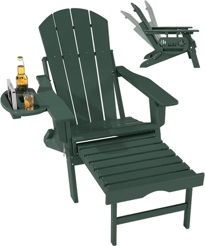 Miniatura 18 de FOOWIN Silla Adirondack plegable ajustable con otomana retráctil, silla Adirondack de polietileno de alta densidad con bandejas 4 en 1, resistente a