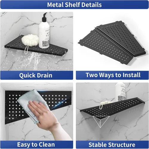 Miniatura 2 de Estante esquinero para ducha, color negro mate de 12 pulgadas con lechada trapezoidal en estante para champú, diseño de rejilla de acero inoxidable