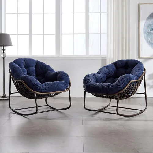Miniatura 8 de Mecedora para patio al aire libre, cómoda silla mecedora de mimbre con cojín acolchado, silla de ratán de gran tamaño con marco de acero sólido