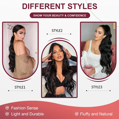Miniatura 6 de FREEMEIGE Extensiones de cola de caballo largas onduladas con cordón para mujeres, extensiones de cabello con clip para cola de caballo, mezcla