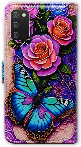 Miniatura 7 de Bcov Funda para Galaxy A03S, diseño de mariposas azules, flores, rosa, de cuero, con tapa para teléfono, con ranura para tarjetas, soporte