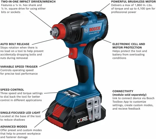 Miniatura 2 de BOSCH GDX18V-1860CB15 Kit de llave de impacto de broca conectada de 18 V dos en uno de 1/4 pulgadas y 1/2 pulgadas con (1) batería de alimentación