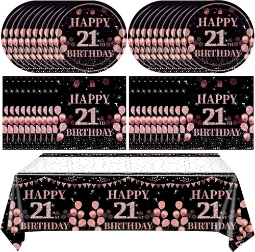 Miniatura 25 de Ryzovo - Decoraciones de cumpleaños 50 para mujer, platos de papel desechables negro y oro rosa, suministros de fiesta para 20 invitados, 41 piezas