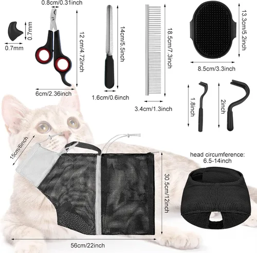 Miniatura 2 de Juego de 9 Piezas de Bolsa de Baño para Gatos, Bolsa de Ducha para Gatos Anti Mordeduras y Arañazos para Aseo de Mascotas, Cepillo de Lavado, Peine