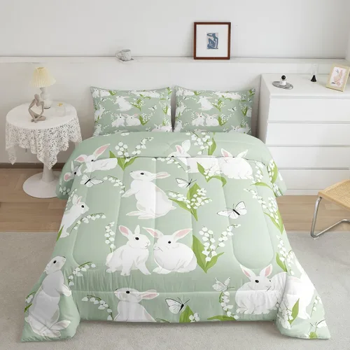 Miniatura 19 de Feelyou Juego de ropa de cama de conejo para niños, tamaño individual, juego de edredón de conejo para niñas y mujeres, edredón de plumón verde
