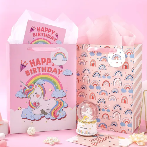 Miniatura 5 de WRAPAHOLIC Bolsas grandes de regalo de cumpleaños de 13 pulgadas con tarjeta y papel de seda, paquete de 2 para cumpleaños de niños y niñas