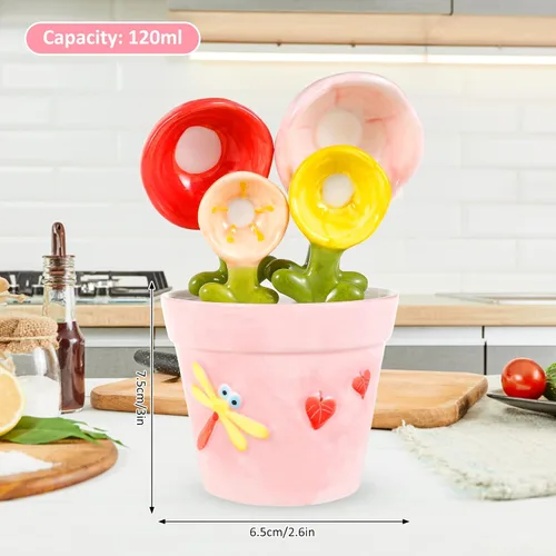 Miniatura 5 de Juego de 4 cucharas medidoras de flores de cerámica con base, maceta decorativa y juego de tazas para el hogar y la cocina (rosa)