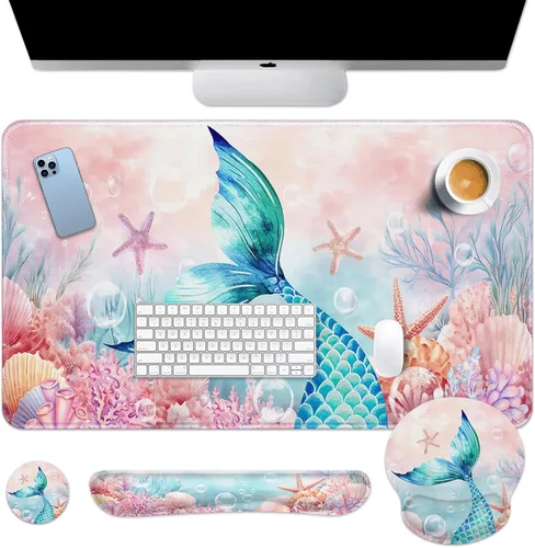 Miniatura 11 de Britimes Blue Sea - Juego de Alfombrilla de Teclado y Mouse Playa de Arena Rosa 4 en 1 Alfombrilla Grande + Reposamuñecas para Teclado +