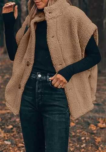 Miniatura 65 de Hongqizo - Chaleco de forro polar mullido para mujer, casual, de gran tamaño, cálido, con botones, chaqueta de sherpa con bolsillos