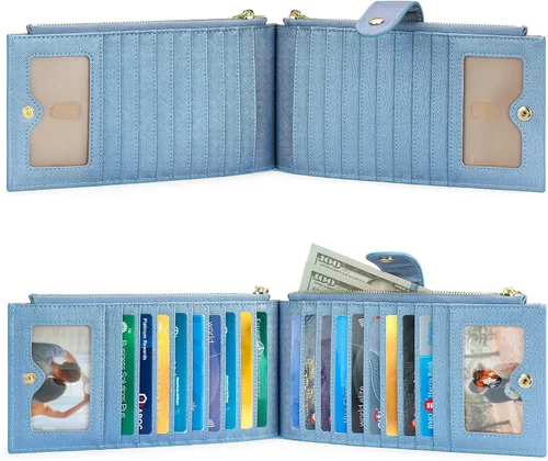Miniatura 6 de GOIACII Cartera para mujer con bloqueo RFID plegable para tarjetas de crédito con 2 bolsillos con cremallera, B18 Azul perlado, Classic