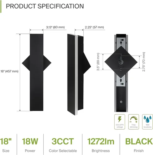 Miniatura 2 de ASD Lámpara LED de montaje en pared de 18 pulgadas de largo, aplique lineal para exteriores e interiores 3CCT, regulable, impermeable