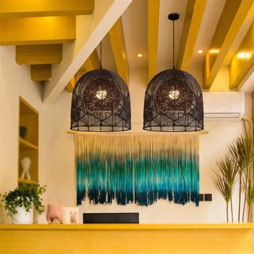 Miniatura 4 de Lámpara colgante de bambú de ratán natural rústico, lámpara colgante de techo de mimbre tejida a mano estilo bohemio, candelabro retro de granja