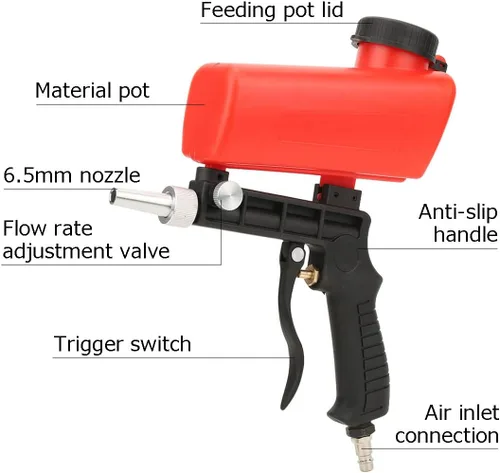 Miniatura 8 de Pistola de chorro de arena neumática, mini lanzador de arena portátil de mano con entrada de aire de 1/4 pulgadas, kit de pistola de arena portátil