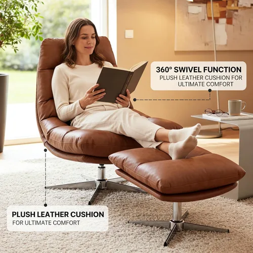 Miniatura 5 de HNY Silla de salón giratoria marrón con otomana moderna silla de cuero sintético con reposapiés de 33 pulgadas de ancho, silla de lectura tapizada