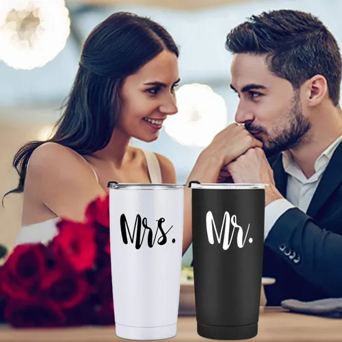 Miniatura 6 de Mr and Mrs - Juego de 2 vasos de viaje de acero inoxidable para recién casados, parejas, esposa, novia, despedida de soltera, vaso de viaje aislado