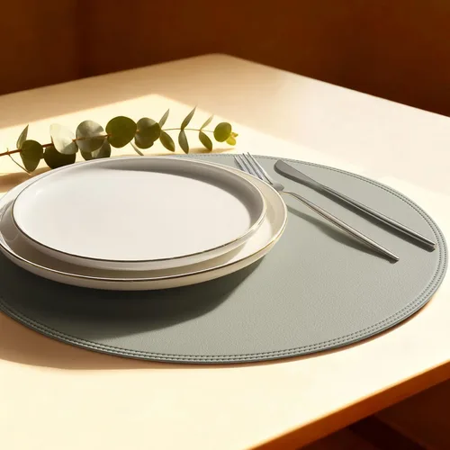 Miniatura 9 de Round Vinyl Beige Placemats Set of 6, Faux Leather Waterproof Wipeable Heat Resistant Place Mats, Washable Table Mats for Halloween, Thanksgiving &