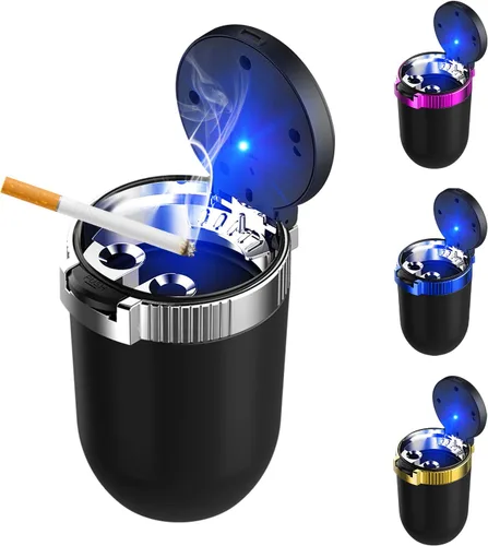 Miniatura 8 de Ohleats Cenicero de coche con tapa, cenicero desmontable de acero inoxidable con luz LED azul, cenicero portátil mini para vehículo, portavasos