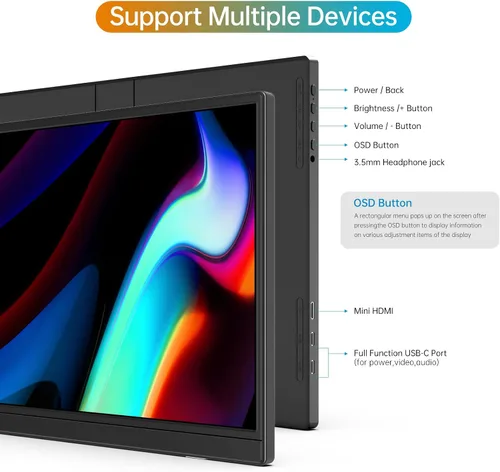 Miniatura 5 de Monitor portátil de 16.0 pulgadas FHD 1920 * 1200P USB C HDMI Ultradelgado IPS para viajes, pantalla con altavoces, HDR Plug&Play, monitor externo