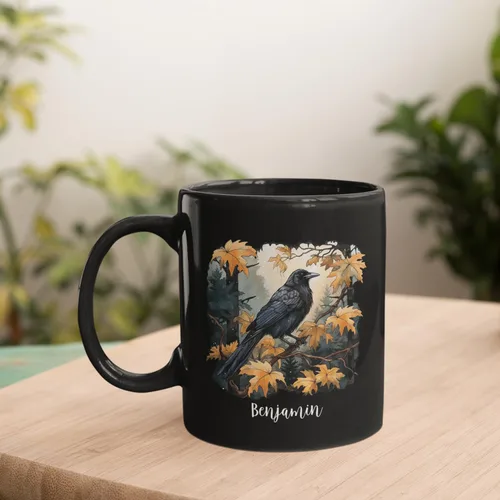 Miniatura 2 de Taza de café personalizada de cuervo con nombre de amante de cuervos, taza de café negra personalizada de animales de 11 onzas y 15 onzas, taza