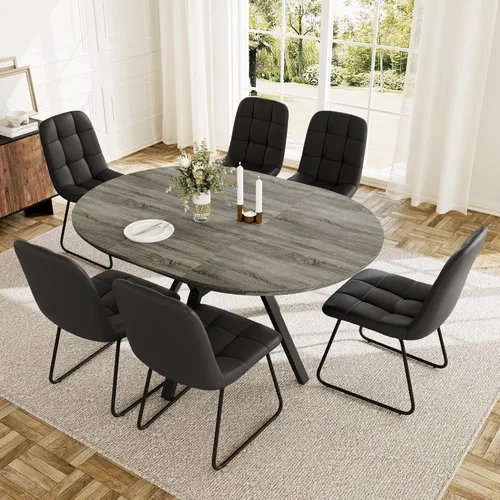 Miniatura 23 de HIPIHOM Juego de mesa de comedor redonda extensible para 6 personas, mesa de cocina extensible de 43.3 a 59.1 pulgadas con 6 sillas tapizadas, Mesa