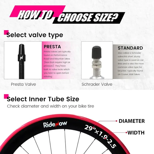Miniatura 6 de RideNow - Paquete de 2 tubos interiores para bicicleta MTB de 24/ 26/27.5/29 pulgadas para 1.3-2.0/1.9-2.5, con válvula Presta de metal/TPU