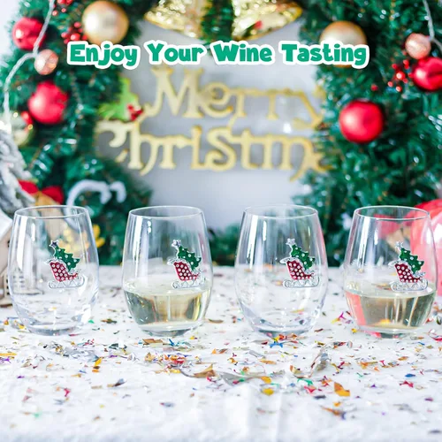 Miniatura 5 de Vipush Juego de Copas de Vino Navideñas de 4 - 18 Oz Vasos para Beber con Cristal Navideño sin Tallo Copas de Vino de Vacaciones Regalo Cristalería