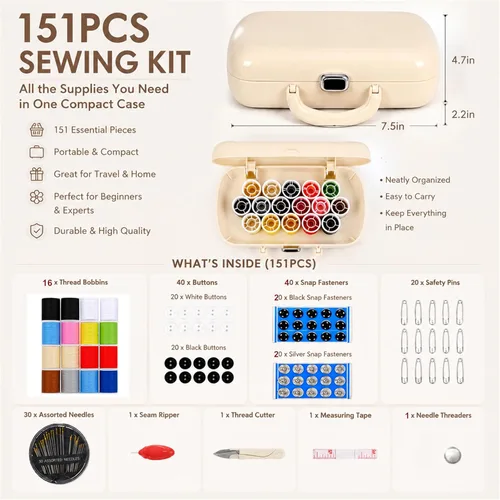 Miniatura 2 de FKOG Kit de proyecto de costura, 151 piezas de suministros de costura familiar organizador de reparación con funda rígida retro portátil, 16