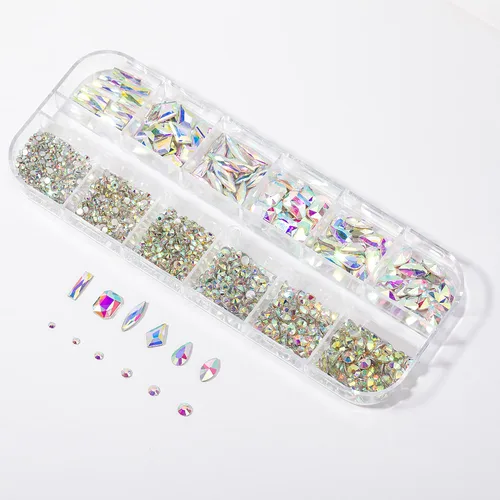 Miniatura 5 de Kit de diamantes de imitación para uñas, 1500 piezas de diamantes de imitación redondos con parte trasera plana, gemas de uñas AB multiformas, 0.3