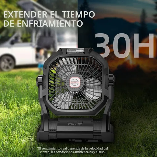 Miniatura 6 de Ventilador de camping recargable, ventilador portátil con batería de 20000 mAh con luz LED y gancho, 4 velocidades ajustables a 270°, esenciales