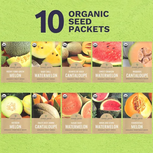 Miniatura 2 de Paquete variado de semillas de melón orgánico – 10 paquetes individuales – Temporada 2026 – Sugar Baby, Charentais, Hearts of Gold y mucho más
