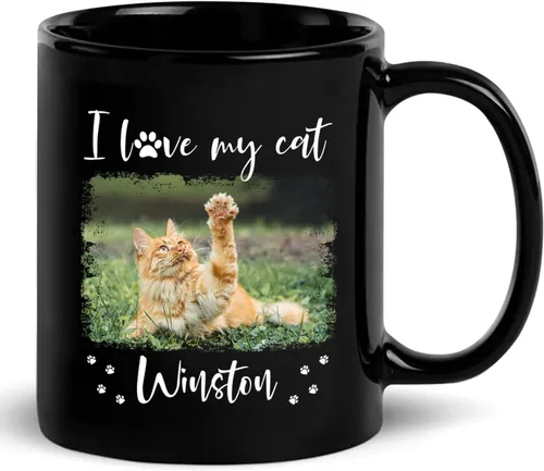 Miniatura 21 de Taza de cerámica negra personalizada para elegir nombre y foto con texto en inglés "Best Cat Dad Ever Just Ask", taza de café personalizada de 11
