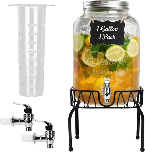 Dispensador de bebidas de vidrio con soporte y tapa, un paquete de 2 galones con espita - Dispensadores de bebidas de vidrio para fiestas, bodas,