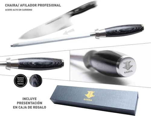 Miniatura 4 de KANKA Cuchillo afilador de alta calidad de 9 pulgadas, varilla de acero inoxidable de alto carbono de alta calidad para cuchillos con mango