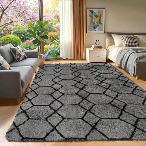 Miniatura 6 de ONASAR - Alfombras de 6 x 9 pies para sala de estar y dormitorio, alfombra grande lavable, esponjosa, gris y negra, alfombra de pelo largo suave