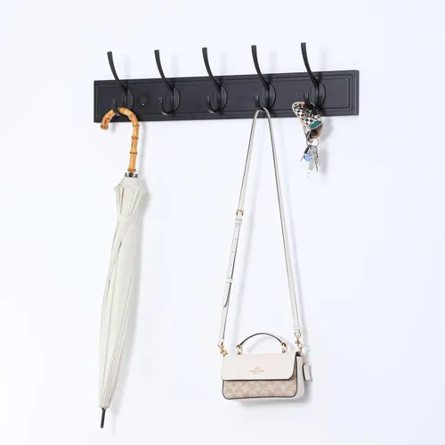 Miniatura 4 de HOME MASTER HARDWARE Perchero de pared negro, ganchos de pared de MDF para colgar abrigos, estante decorativo para sombreros de 27" para pared con 5