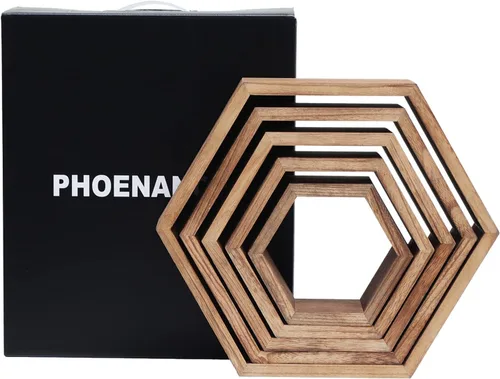 Miniatura 6 de PHOENANCEE Estantes flotantes hexagonales, juego de 5 estantes octágonos montados en la pared, cubo de almacenamiento de madera para baño, cocina