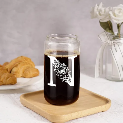 Miniatura 7 de Taza de Vidrio Inicial Coolife, Regalos Personalizados para Mujeres, Tazas de Vidrio de 16 oz con Tapas y Popotes, Vaso de Café Helado, Licuado