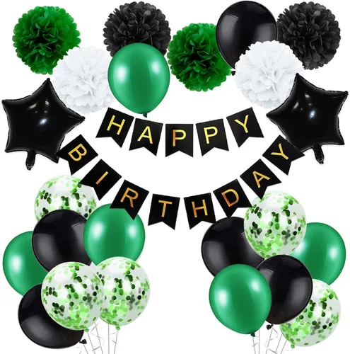 Decoraciones de cumpleaños para hombres, suministros de decoración de fiesta verde y negro, incluyendo pancarta de feliz cumpleaños, confeti, globos