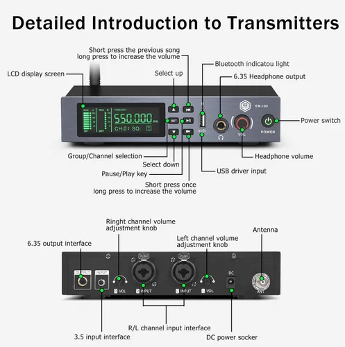 Miniatura 5 de W IN-MIX EM100 UHF Sistema de monitor intrauditivo inalámbrico - 1 canal con 1 sistema IEM mono bodypack, tecnología PLL, rango de 300 pies