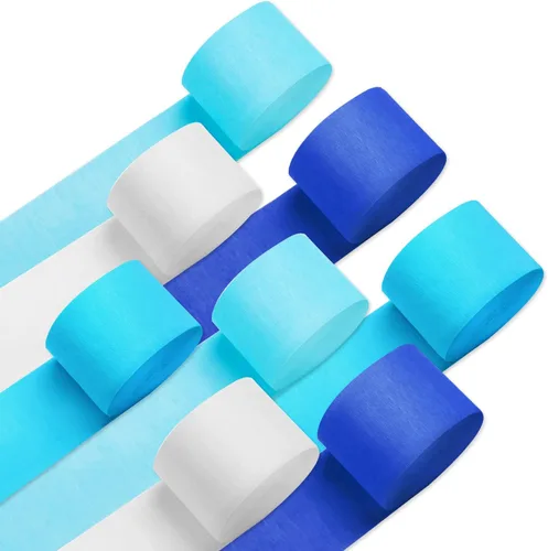 PIGETALE Serpentinas de Papel Crepé 8 Rollos 656 pies, Paquete de Azul, Azul Pastel, Azul Real, Serpentinas de Fiesta Blancas, Papel Crepé para Azul