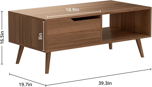 Miniatura 2 de DIYART Mesa de centro marrón, mesa de centro moderna de mediados de siglo con cajón y estante, mesa consola simple de madera de 39 pulgadas