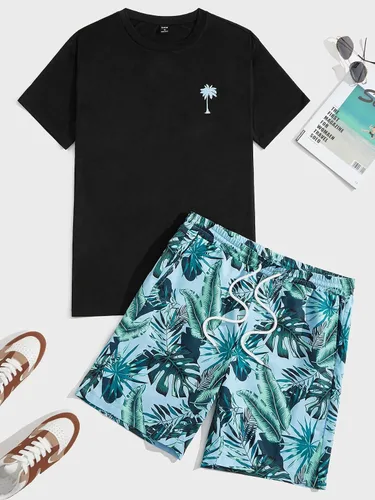 Miniatura 47 de GORGLITTER Conjunto de 2 piezas de camiseta gráfica de manga corta para hombre, estampado hawaiano con cordón y pantalones cortos