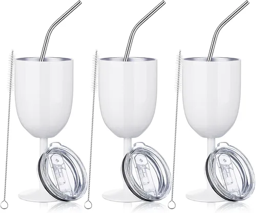Miniatura 10 de Geiserailie - Paquete de 3 copas de vino de acero inoxidable de 10 onzas con tapa y pajilla, vaso de vino con aislamiento de doble pared con cepillo